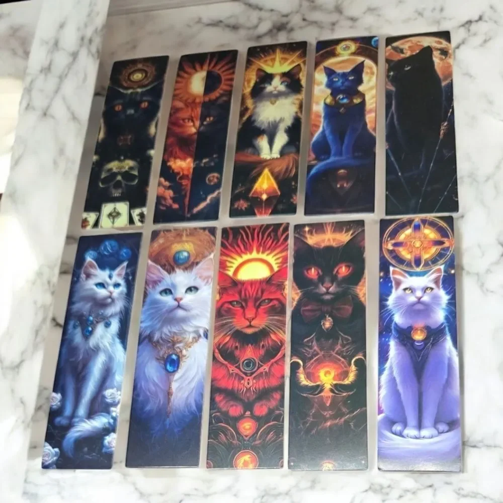 10pc Mystical Cat Tarot Bookmark Set Gothic Celestial White Cat Reading Markers